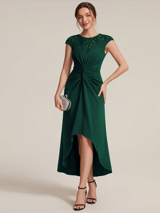 Short Sleeve High Stretch A-Line High-Low Wedding Guest Dress with Knot Detail & Sequins