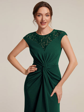 Short Sleeve High Stretch A-Line High-Low Wedding Guest Dress with Knot Detail & Sequins