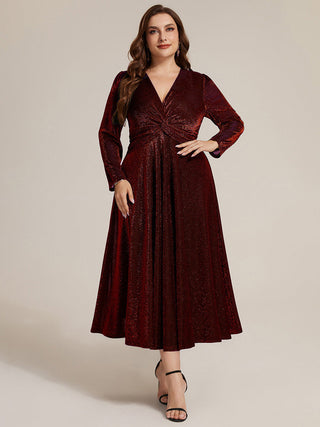 Long Sleeve High Stretch A-Line Tea Length Knot Detail Wedding Guest Dresses