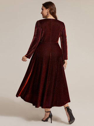 Long Sleeve High Stretch A-Line Tea Length Knot Detail Wedding Guest Dresses