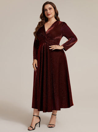 Long Sleeve High Stretch A-Line Tea Length Knot Detail Wedding Guest Dresses