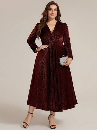 Long Sleeve High Stretch A-Line Tea Length Knot Detail Wedding Guest Dresses