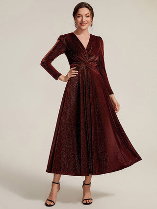 Long Sleeve High Stretch A-Line Tea Length Knot Detail Wedding Guest Dresses