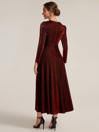 Long Sleeve High Stretch A-Line Tea Length Knot Detail Wedding Guest Dresses