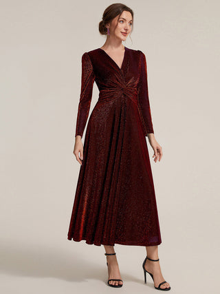 Long Sleeve High Stretch A-Line Tea Length Knot Detail Wedding Guest Dresses