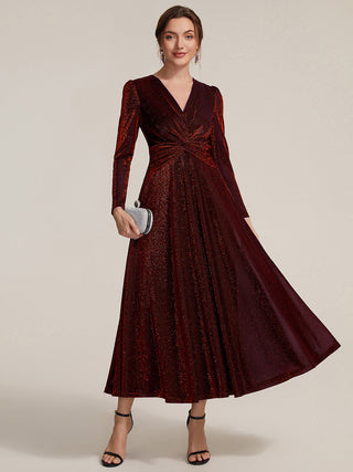 Long Sleeve High Stretch A-Line Tea Length Knot Detail Wedding Guest Dresses