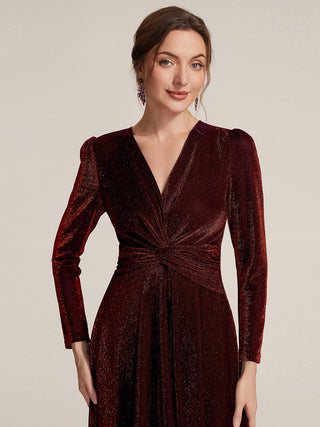 Long Sleeve High Stretch A-Line Tea Length Knot Detail Wedding Guest Dresses