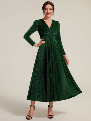 Long Sleeve High Stretch A-Line Tea Length Knot Detail Wedding Guest Dresses