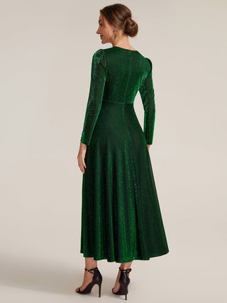 Long Sleeve High Stretch A-Line Tea Length Knot Detail Wedding Guest Dresses