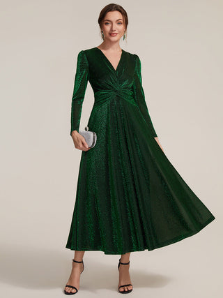 Long Sleeve High Stretch A-Line Tea Length Knot Detail Wedding Guest Dresses