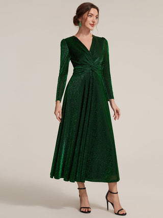Long Sleeve High Stretch A-Line Tea Length Knot Detail Wedding Guest Dresses