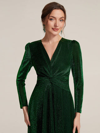 Long Sleeve High Stretch A-Line Tea Length Knot Detail Wedding Guest Dresses