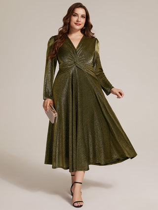 Long Sleeve High Stretch A-Line Tea Length Knot Detail Wedding Guest Dresses