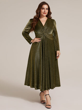 Long Sleeve High Stretch A-Line Tea Length Knot Detail Wedding Guest Dresses