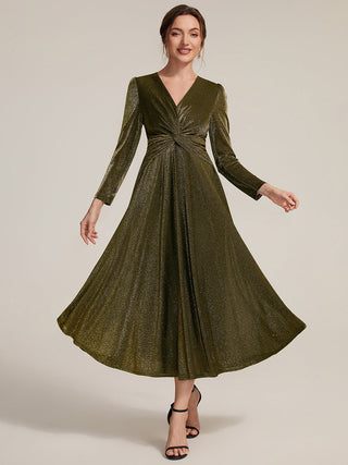 Long Sleeve High Stretch A-Line Tea Length Knot Detail Wedding Guest Dresses
