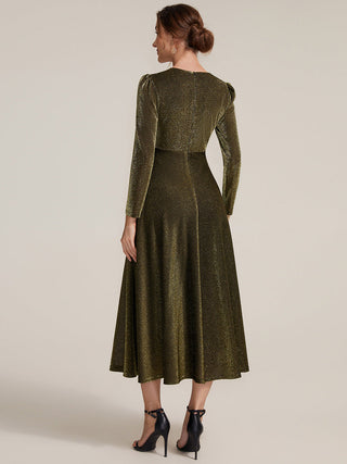 Long Sleeve High Stretch A-Line Tea Length Knot Detail Wedding Guest Dresses