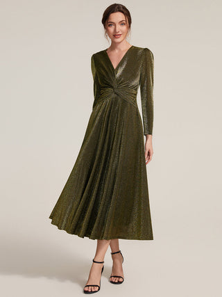 Long Sleeve High Stretch A-Line Tea Length Knot Detail Wedding Guest Dresses