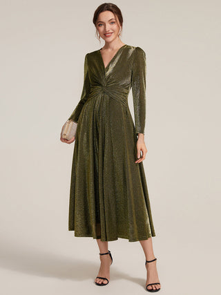 Long Sleeve High Stretch A-Line Tea Length Knot Detail Wedding Guest Dresses