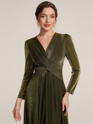 Long Sleeve High Stretch A-Line Tea Length Knot Detail Wedding Guest Dresses