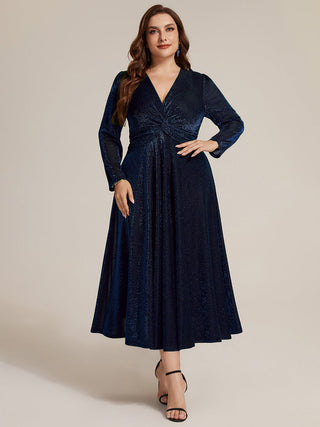 Long Sleeve High Stretch A-Line Tea Length Knot Detail Wedding Guest Dresses