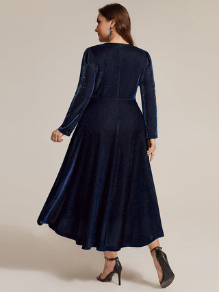 Long Sleeve High Stretch A-Line Tea Length Knot Detail Wedding Guest Dresses