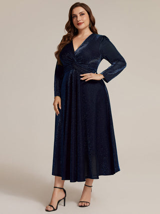 Long Sleeve High Stretch A-Line Tea Length Knot Detail Wedding Guest Dresses
