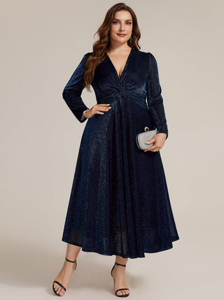Long Sleeve High Stretch A-Line Tea Length Knot Detail Wedding Guest Dresses