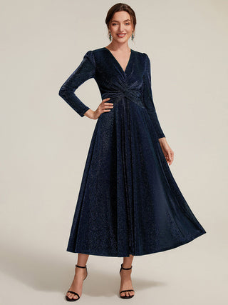 Long Sleeve High Stretch A-Line Tea Length Knot Detail Wedding Guest Dresses