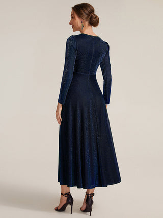 Long Sleeve High Stretch A-Line Tea Length Knot Detail Wedding Guest Dresses