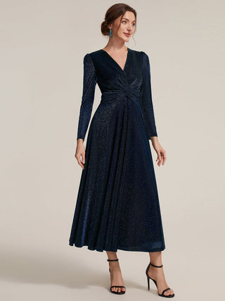 Long Sleeve High Stretch A-Line Tea Length Knot Detail Wedding Guest Dresses