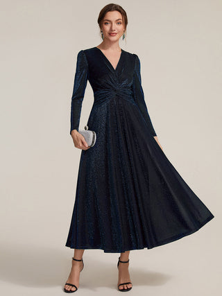 Long Sleeve High Stretch A-Line Tea Length Knot Detail Wedding Guest Dresses