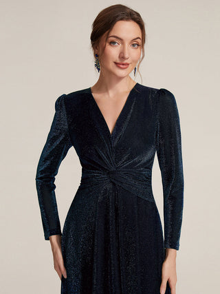 Long Sleeve High Stretch A-Line Tea Length Knot Detail Wedding Guest Dresses