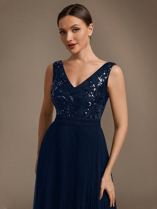 Plus Size Sleeveless Tulle V-Neck A-Line Sequin Lace Wedding Guest Dresses
