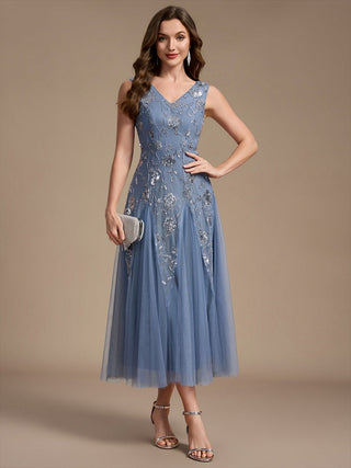 Beading Sequins Sleeveless Midi Wedding Guest Dress