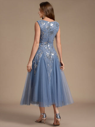 Beading Sequins Sleeveless Midi Wedding Guest Dress