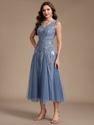 Beading Sequins Sleeveless Midi Wedding Guest Dress