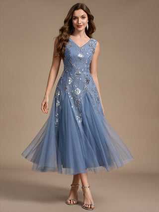 Beading Sequins Sleeveless Midi Wedding Guest Dress