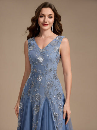 Beading Sequins Sleeveless Midi Wedding Guest Dress