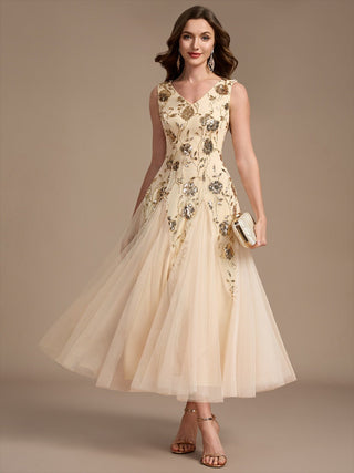 Beading Sequins Sleeveless Midi Wedding Guest Dress