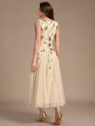 Beading Sequins Sleeveless Midi Wedding Guest Dress