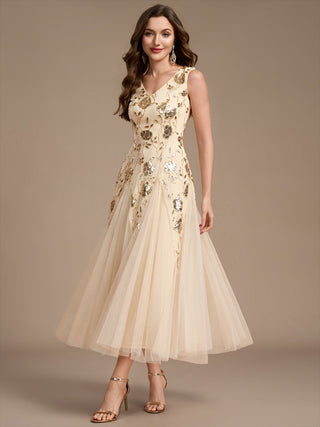 Beading Sequins Sleeveless Midi Wedding Guest Dress