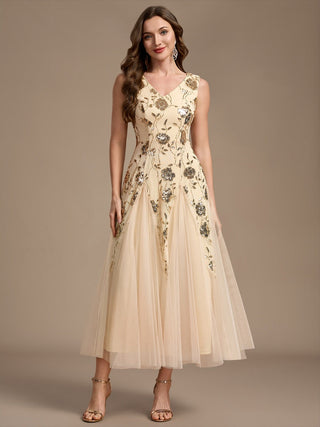 Beading Sequins Sleeveless Midi Wedding Guest Dress