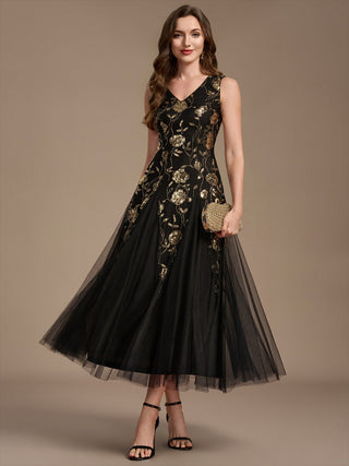 Beading Sequins Sleeveless Midi Wedding Guest Dress