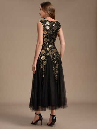 Beading Sequins Sleeveless Midi Wedding Guest Dress