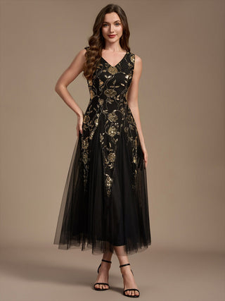 Beading Sequins Sleeveless Midi Wedding Guest Dress
