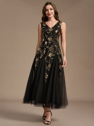 Beading Sequins Sleeveless Midi Wedding Guest Dress