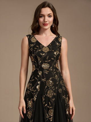 Beading Sequins Sleeveless Midi Wedding Guest Dress