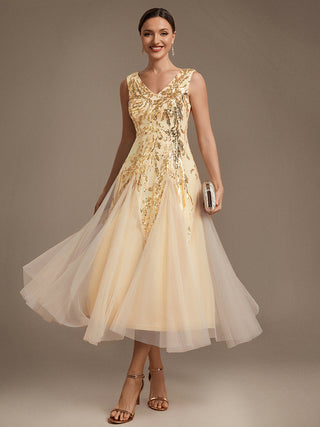 Sleeveless Sequin Tea Length Wedding Guest Dresses