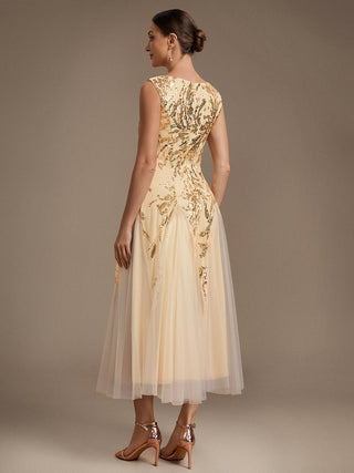 Sleeveless Sequin Tea Length Wedding Guest Dresses
