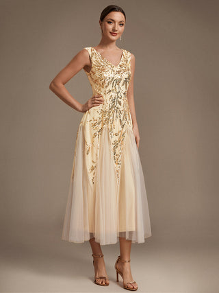 Sleeveless Sequin Tea Length Wedding Guest Dresses